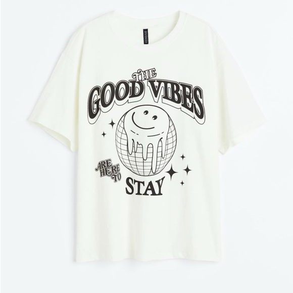 H&M good vibes tee graphic t-shirt crewneck short sleeve mirrorball smiley face - Picture 10 of 10